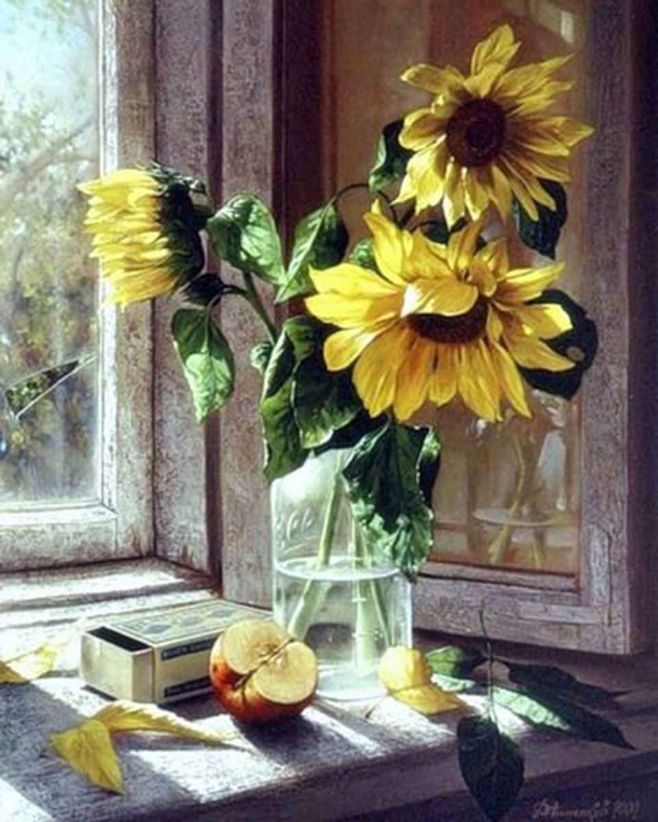 Paint By Numbers - Sunflowers In A Vase On A Window Sill - Framed- 40x50cm - Arterium