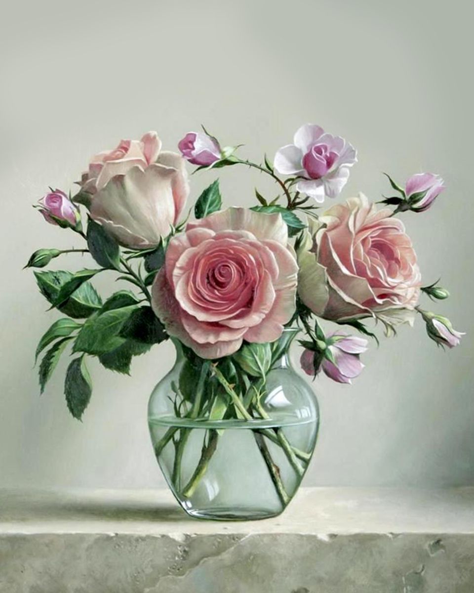Paint By Numbers - Vase With Pink And White Roses - Framed- 40x50cm - Arterium