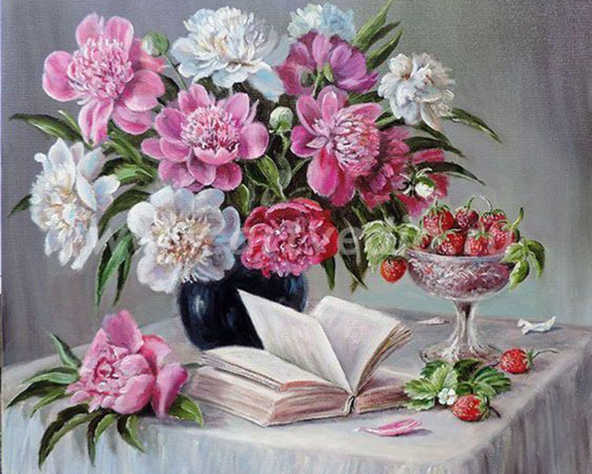 Paint By Numbers - Painting Of Flowers In A Vase And A Book On A Table - Framed- 40x50cm - Arterium