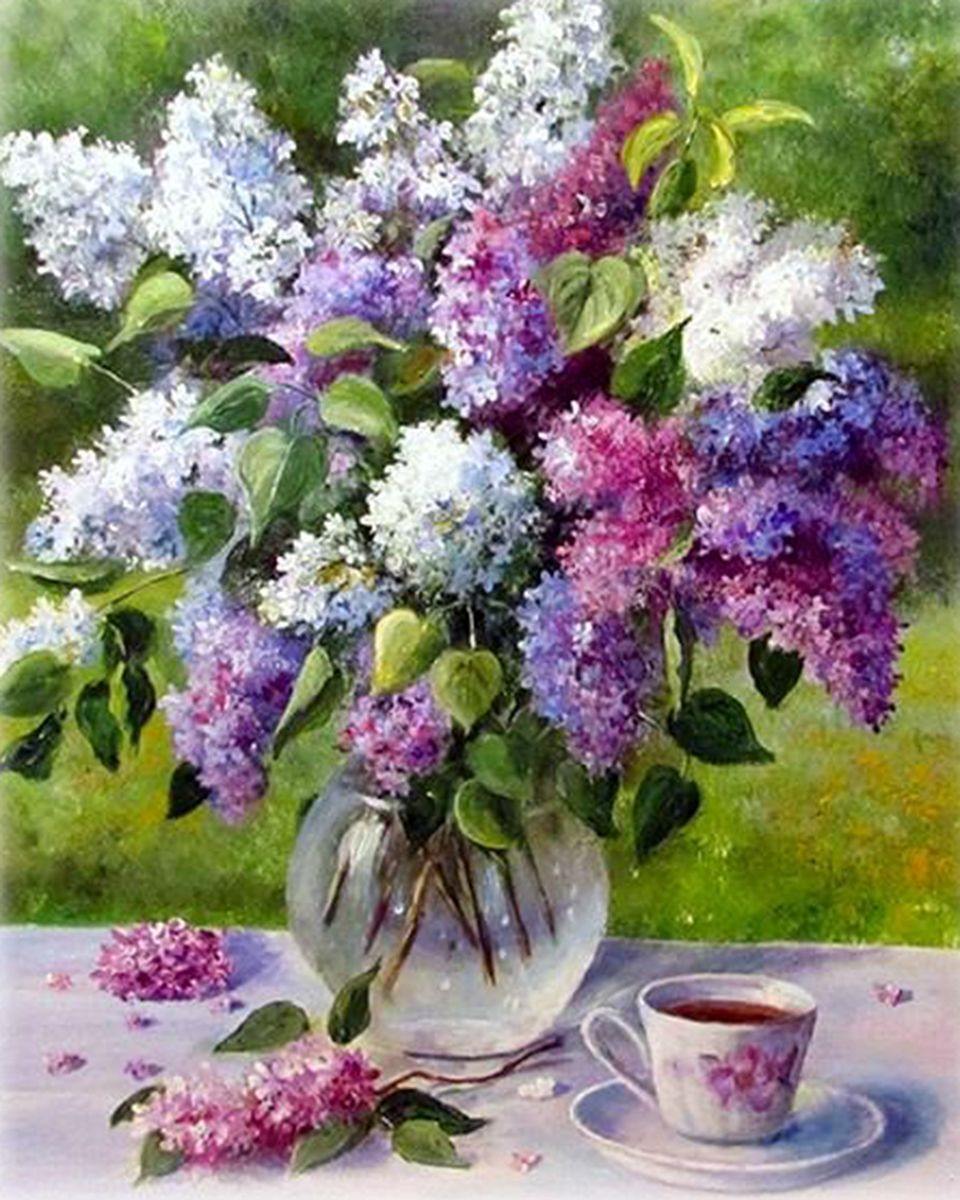 Paint By Numbers - Painting Of A Bouquet Of Purple And White Flowers In A Glass Vase - Framed- 40x50cm - Arterium