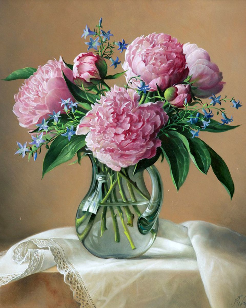 Paint By Numbers - Pink Flowers In A Glass Vase - Framed- 40x50cm - Arterium