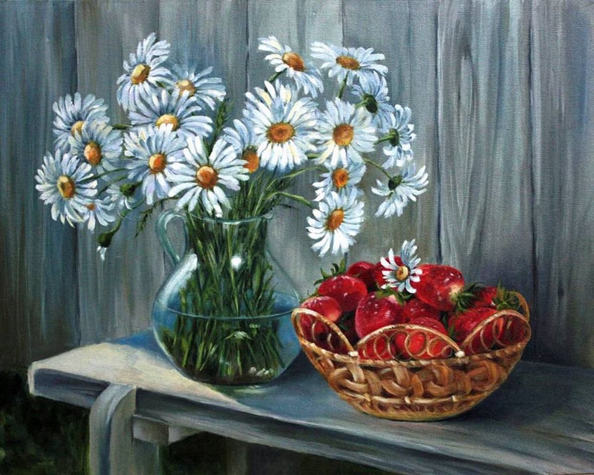 Paint By Numbers - Strawberries And Camomiles - Framed- 40x50cm - Arterium