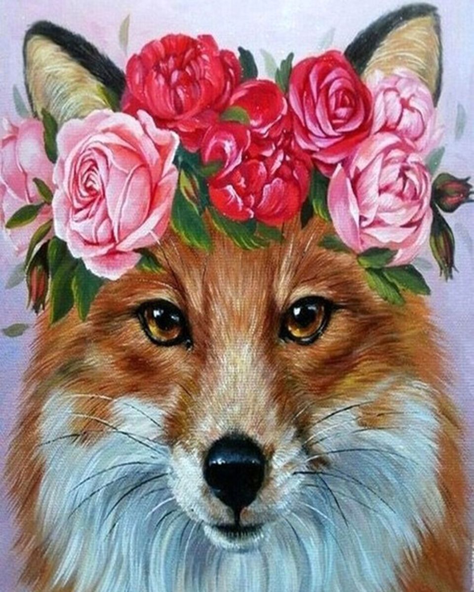Paint By Numbers - Fox With Flowers On Its Head - Framed- 40x50cm - Arterium