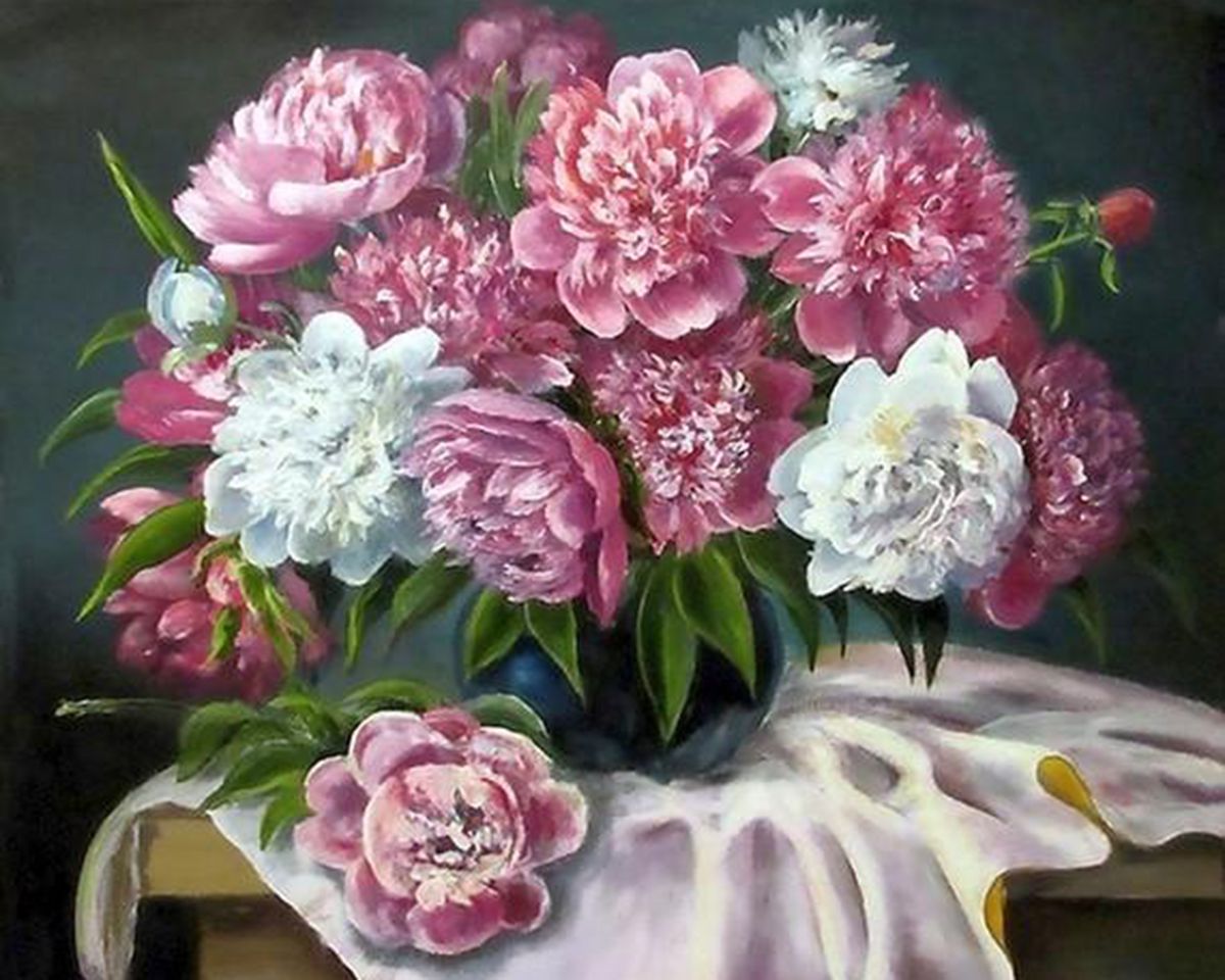 Paint By Numbers - Pink And White Flowers On A Table - Framed- 40x50cm - Arterium