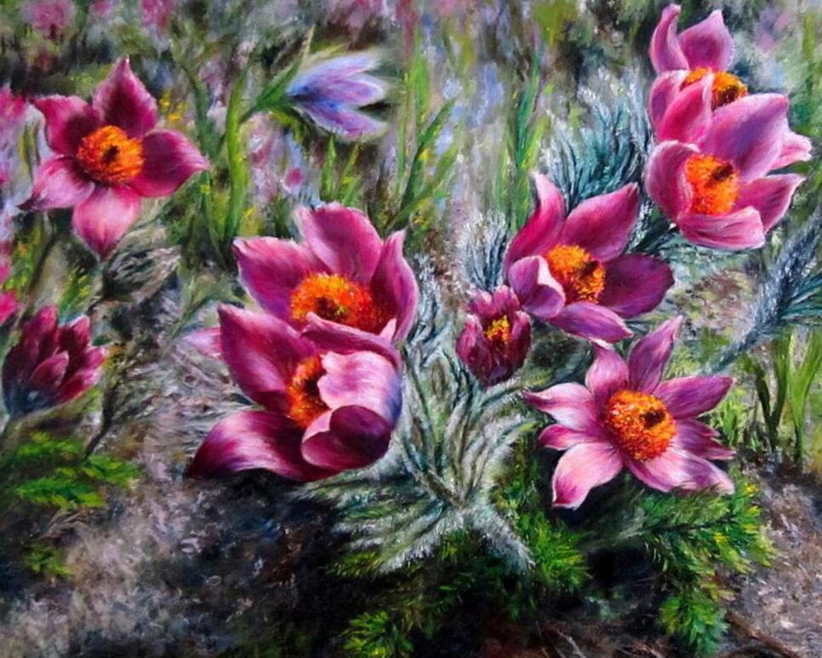 Paint By Numbers - Group Of Purple Flowers - Framed- 40x50cm - Arterium