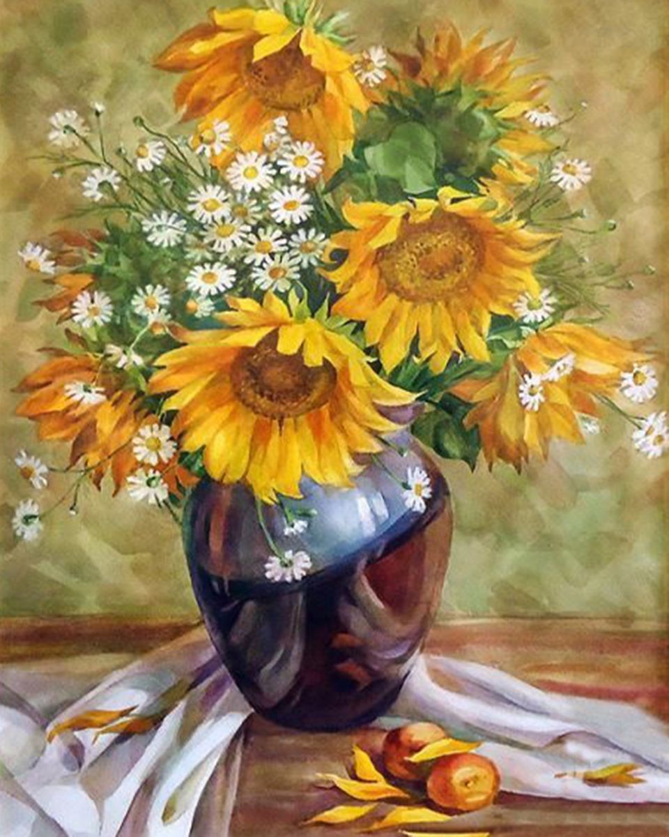 Paint By Numbers - Sunflowers In A Vase With Green Background - Framed- 40x50cm - Arterium