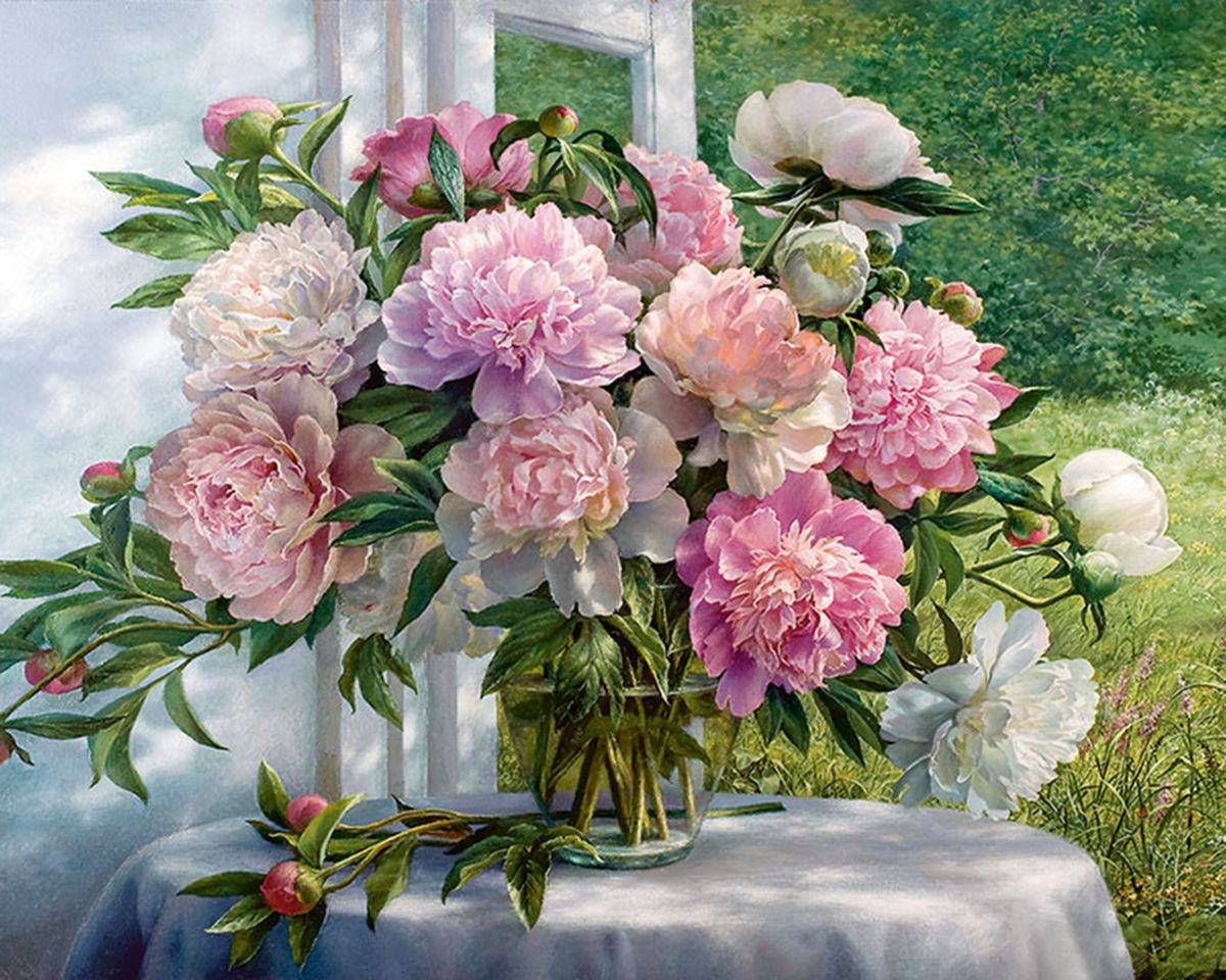 Paint By Numbers - Pink And White Flowers At The Window - Framed- 40x50cm - Arterium