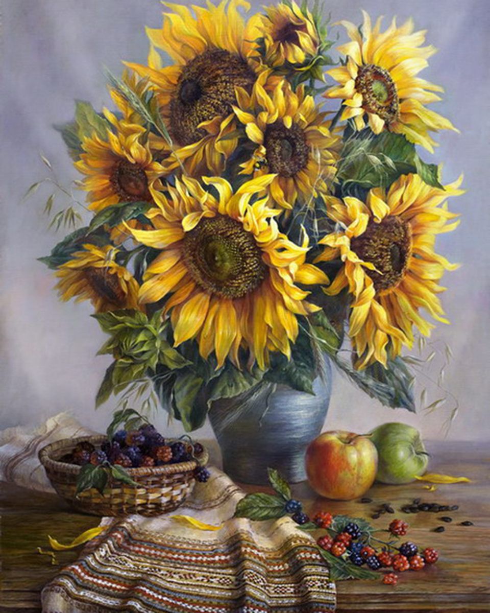Paint By Numbers - Sunflowers In A Vase With Gray Background - Framed- 40x50cm - Arterium