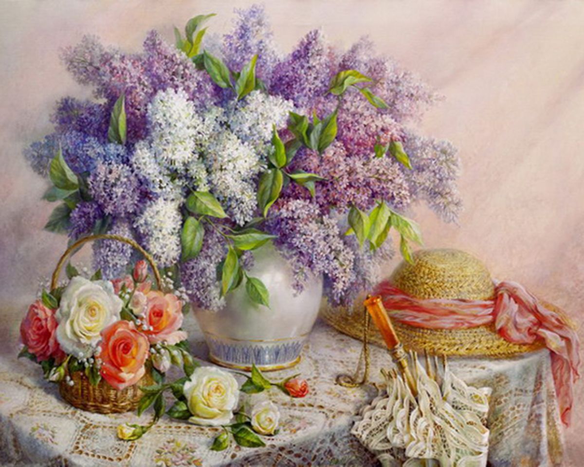 Paint By Numbers - White And Purple Flowers With The Hat On The Side - Framed- 40x50cm - Arterium