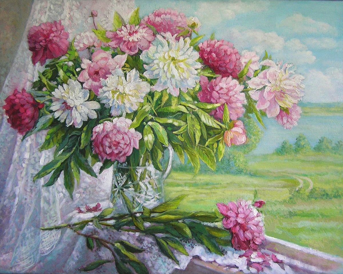 Paint By Numbers - Pink And White Flowers At The Window 2 - Framed- 40x50cm - Arterium