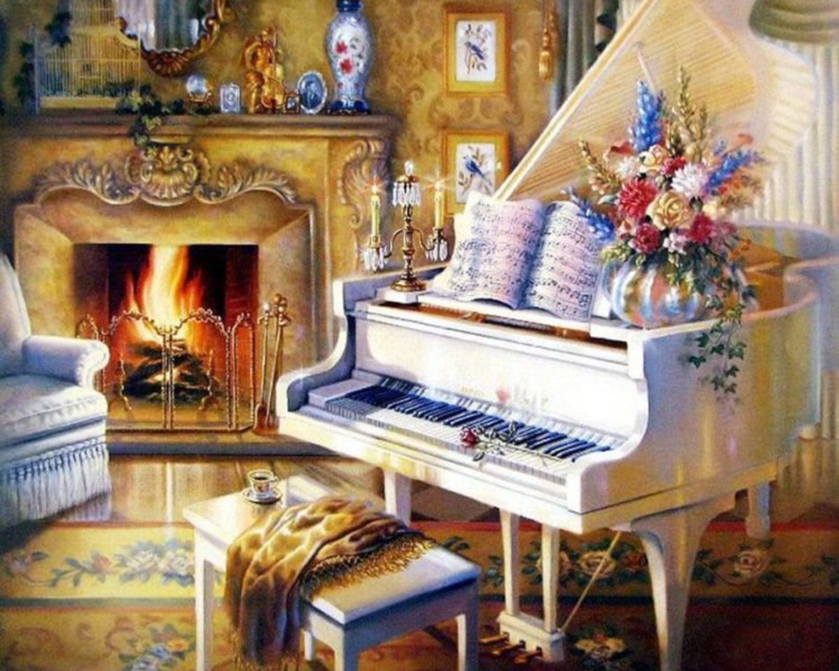 Paint By Numbers - White Piano And A Fireplace - Framed- 40x50cm - Arterium