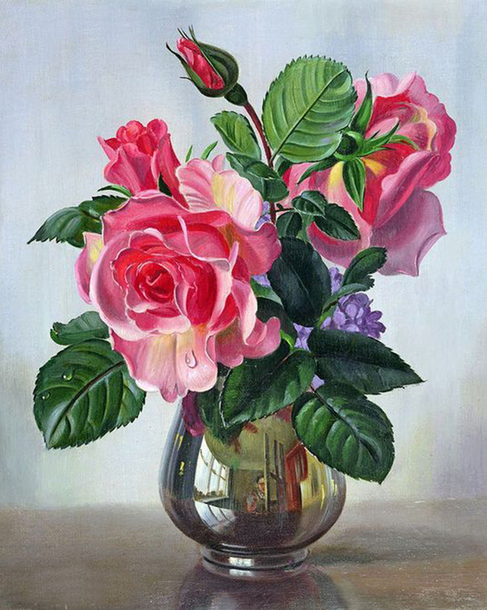 Paint By Numbers - Still Life: Silver Vase With Pink Roses On Table - Framed- 40x50cm - Arterium