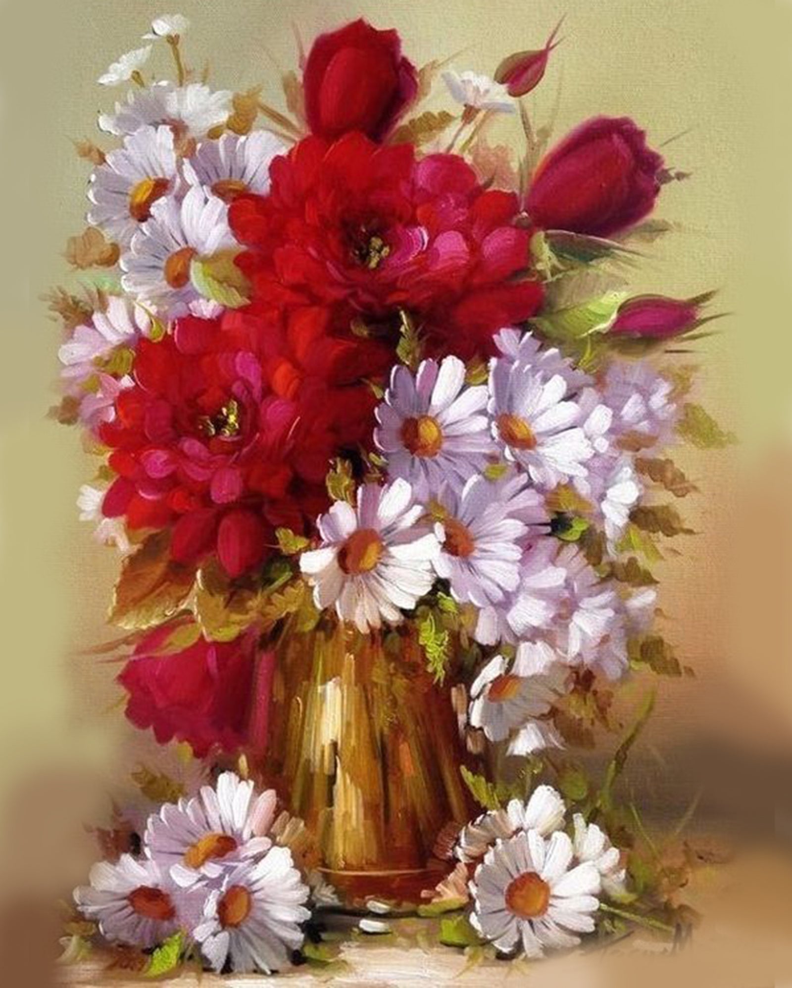 Paint By Numbers - Floral Splendor: Exquisite Depiction Of Roses And Daisies In A Gold Vase - Framed- 40x50cm - Arterium