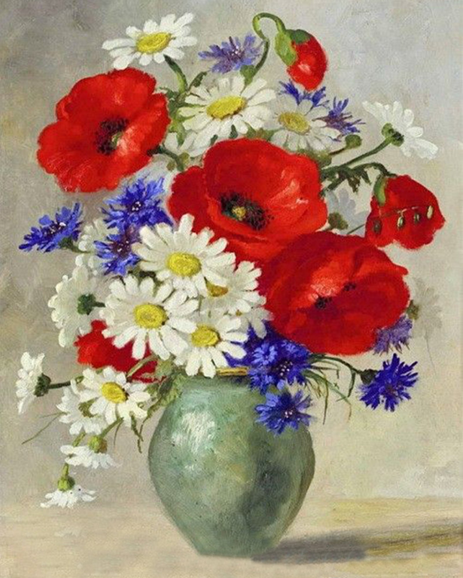 Paint By Numbers - Vibrant Bouquet Of Red Poppies, White Daisies, And Blue Cornflowers In A Serene Painting - Framed- 40x50cm - Arterium