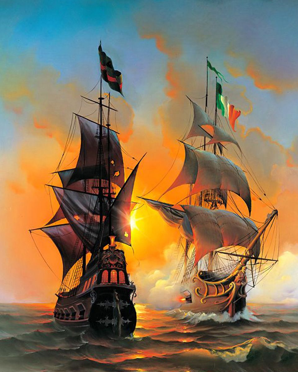 Paint By Numbers - High-Stakes Confrontation: Ancient Sailing Vessels In A Dramatic Naval Battle - Framed- 40x50cm - Arterium