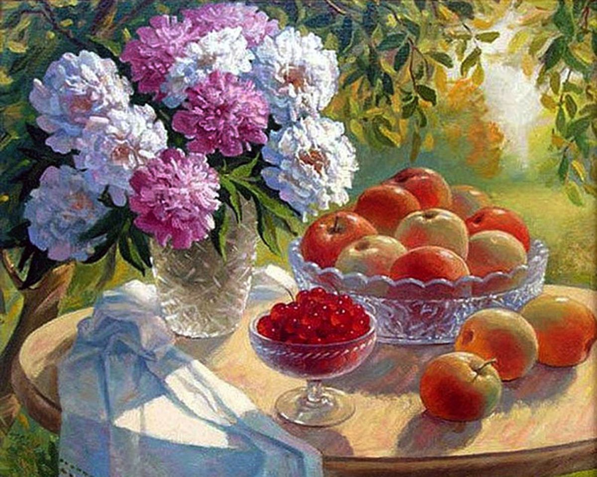 Paint By Numbers - Vibrant Still-Life: Peonies, Fruits, And Freshness - Framed- 40x50cm - Arterium