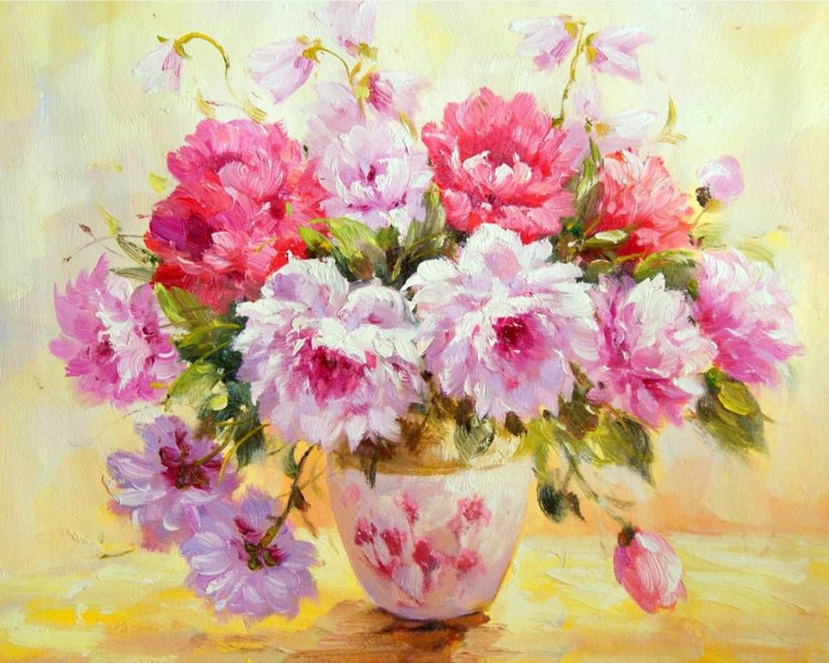 Paint By Numbers - Vibrant Floral Still Life: A Captivating Composition In Pink, Purple, And Yellow - Framed- 40x50cm - Arterium