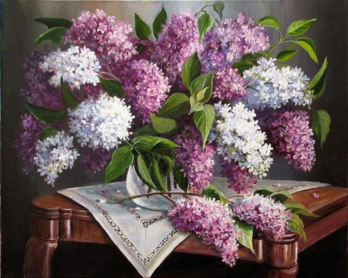 Paint By Numbers - Elegant Floral Still Life: Vibrant Lilacs In A Lace-Adorned Vase - Framed- 40x50cm - Arterium