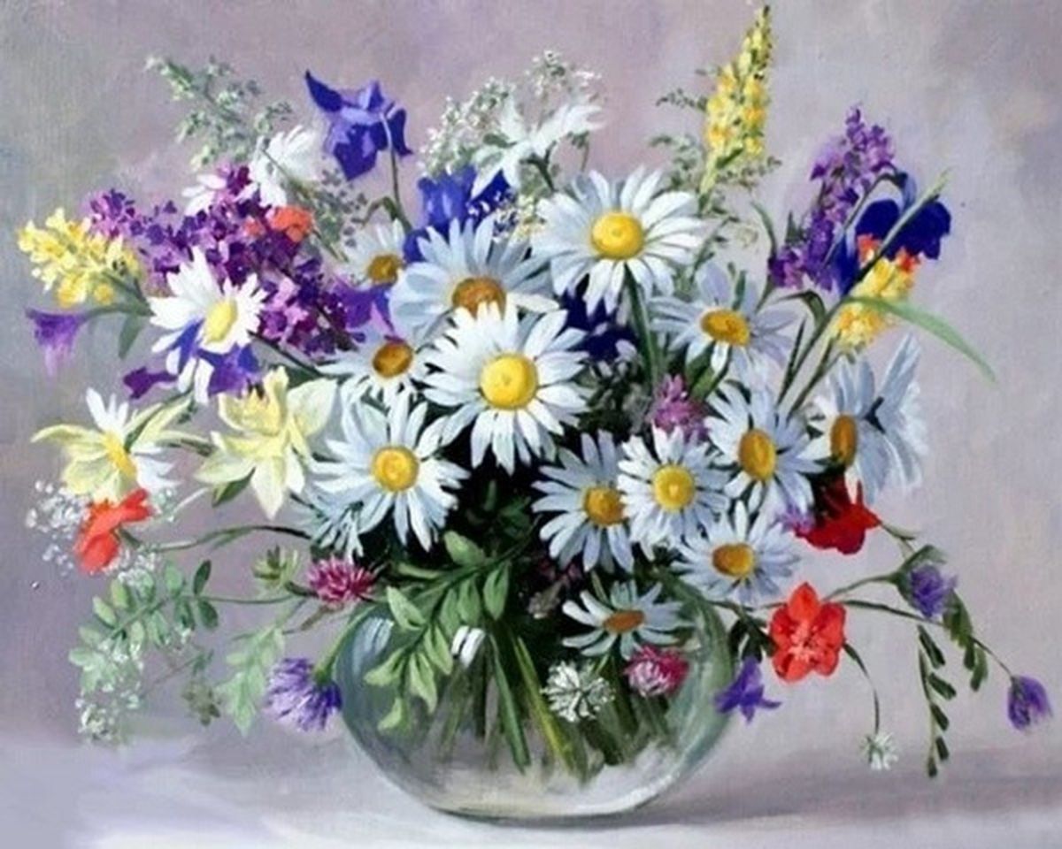 Paint By Numbers - Exquisite Still Life: Vibrant Camomile Bouquet In Glass Vase - Framed- 40x50cm - Arterium