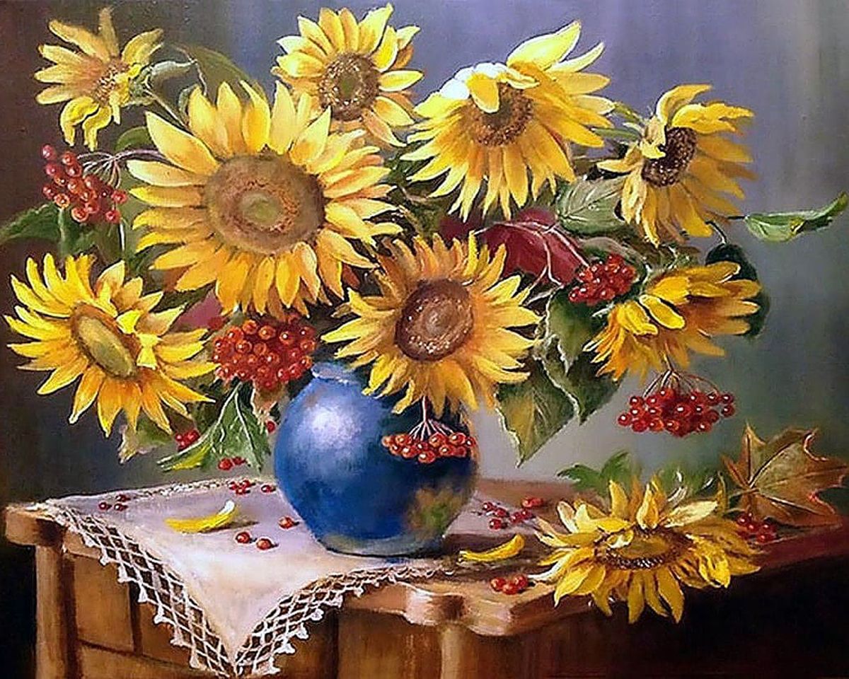 Paint By Numbers - Vibrant Sunflower Still Life: A Captivating Blend Of Colors And Contrast - Framed- 40x50cm - Arterium