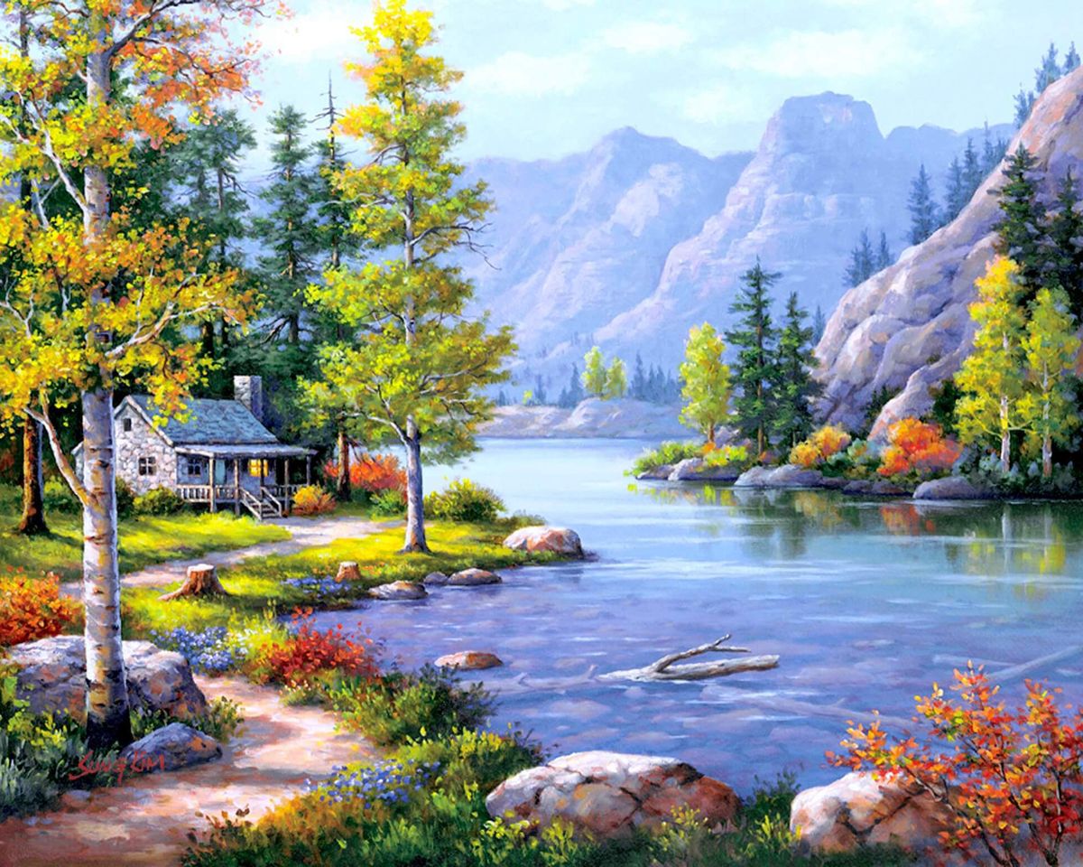 Paint By Numbers - Tranquil Landscape: Serene Lake Amidst Majestic Mountains - Framed- 40x50cm - Arterium