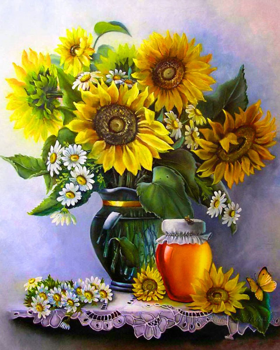Paint By Numbers - Vibrant Floral Still Life: Sunflowers, Daisies, And Honey On Lace Tablecloth - Framed- 40x50cm - Arterium