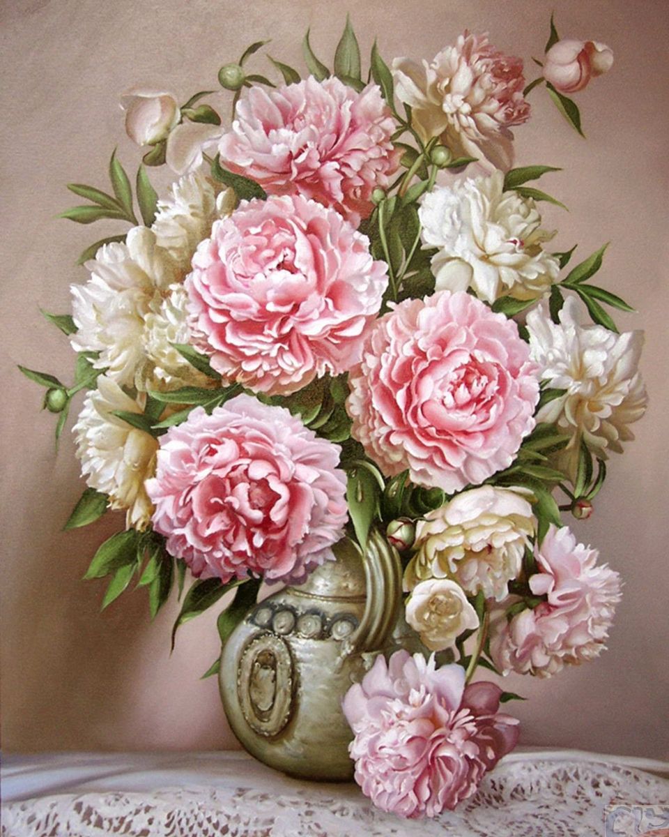 Paint By Numbers - Elegant Still Life Painting: Light Green Vase With Pink And White Flowers On Table - Framed- 40x50cm - Arterium