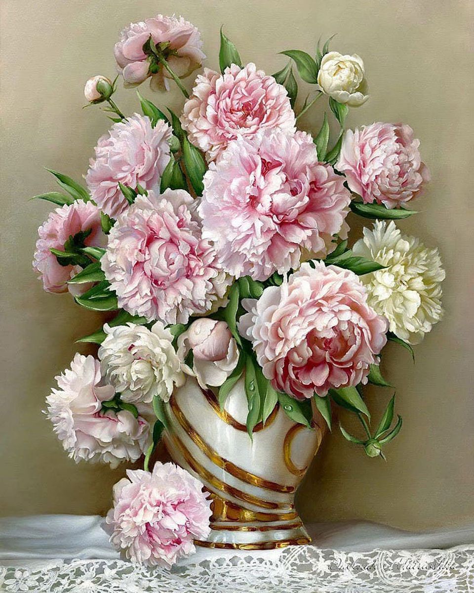 Paint By Numbers - Delicate Floral Still Life: Golden Vase With Pink Peonies And Roses On White Tablecloth - Framed- 40x50cm - Arterium