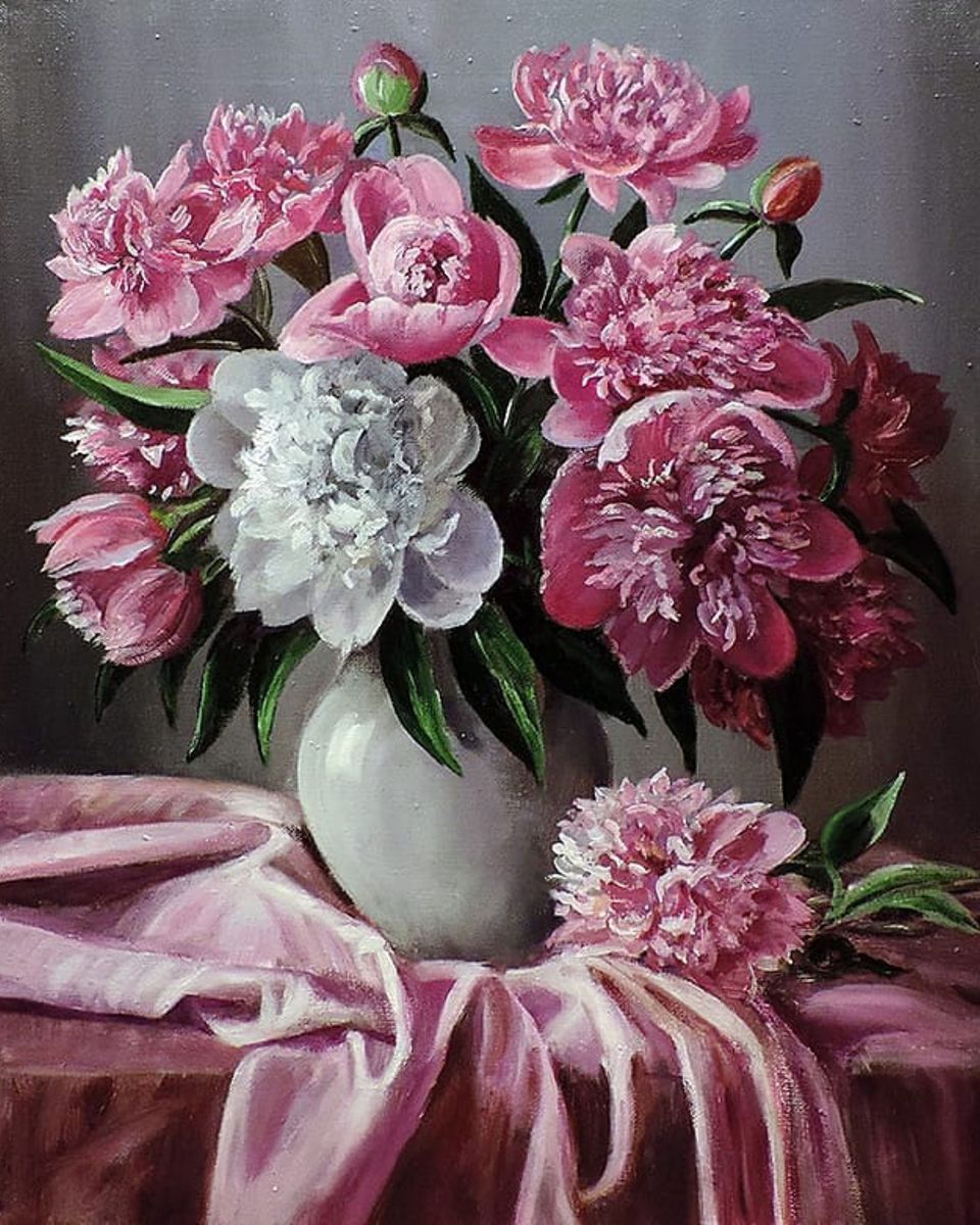 Paint By Numbers - Elegant Still Life: Vibrant Pink Peonies Overflowing In A White Vase - Framed- 40x50cm - Arterium