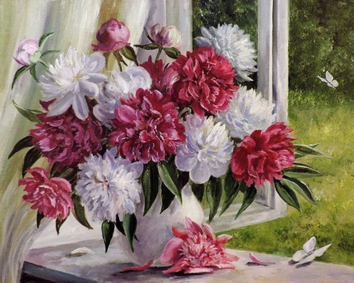 Paint By Numbers - Serene Indoor Setting With Vibrant Peonies And Minimalist Vase - Framed- 40x50cm - Arterium