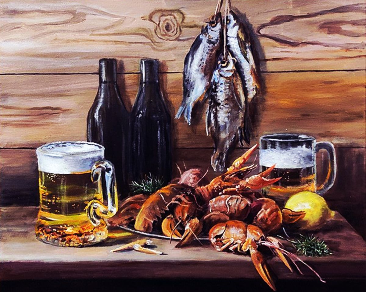 Paint By Numbers - Relaxed Scene With Crayfish, Beer, And Lemons - Framed- 40x50cm - Arterium