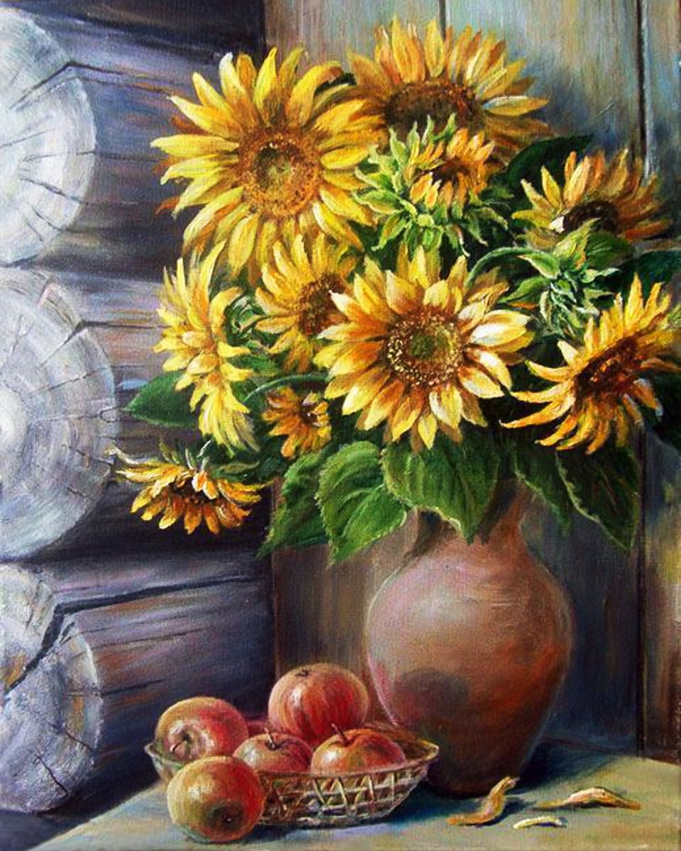 Paint By Numbers - Vibrant Still Life Painting: Sunflowers And Apples On A Table - Framed- 40x50cm - Arterium