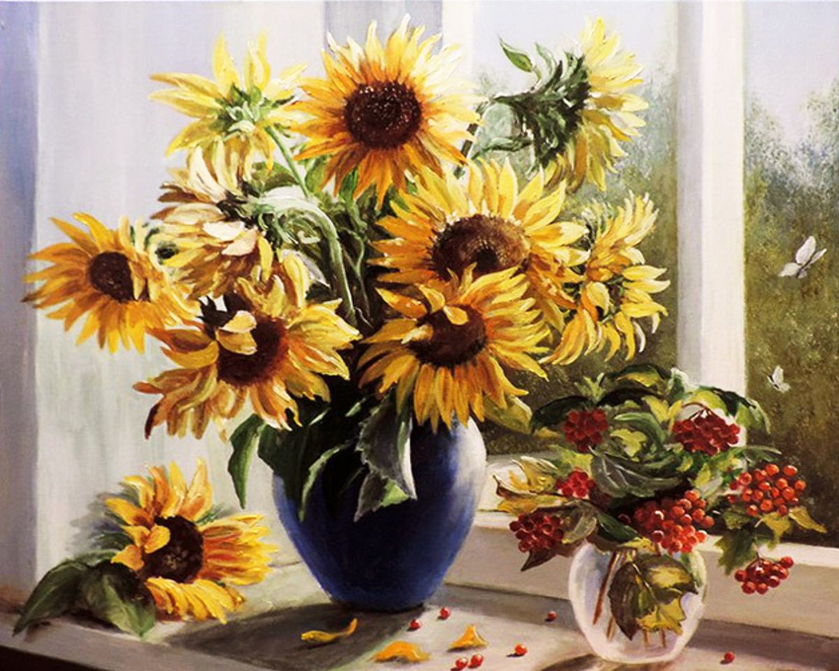 Paint By Numbers - Vibrant Sunflowers And Red Berries - Framed- 40x50cm - Arterium