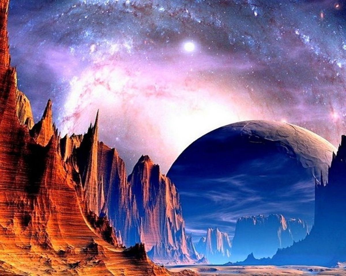 Paint By Numbers - Enigmatic Cosmos: Vibrant Alien Landscape With Canyon, Cliffs, And Celestial Wonders - Framed- 40x50cm - Arterium