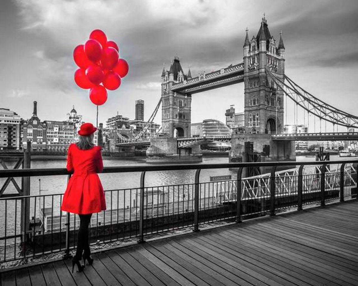 Paint By Numbers - Red-Coated Woman With Balloons: A Lively And Romantic Scene At Tower Bridge - Framed- 40x50cm - Arterium