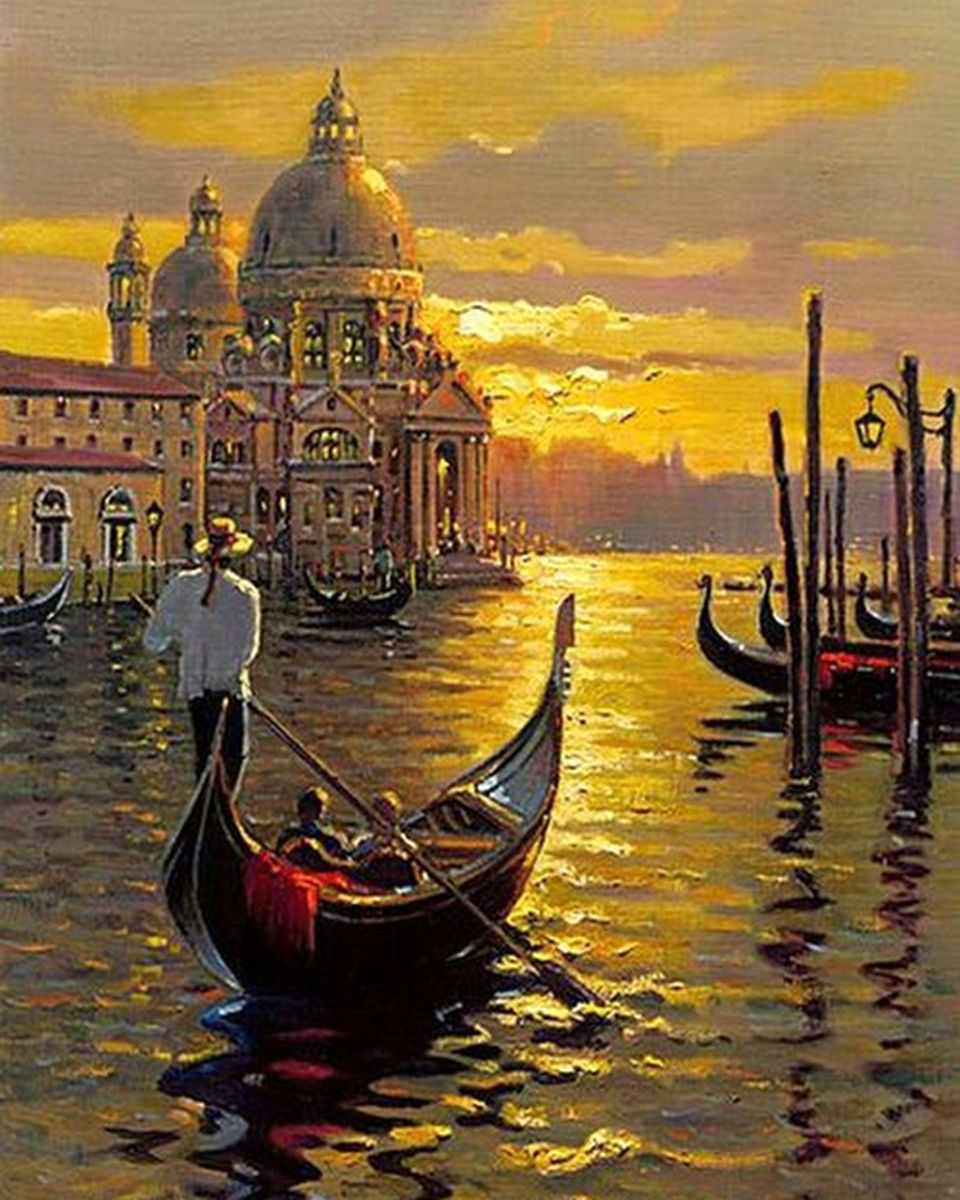Paint By Numbers - Tranquil Sunset In Venice: Gondolas, Golden Sky, And Serene Beauty - Framed- 40x50cm - Arterium