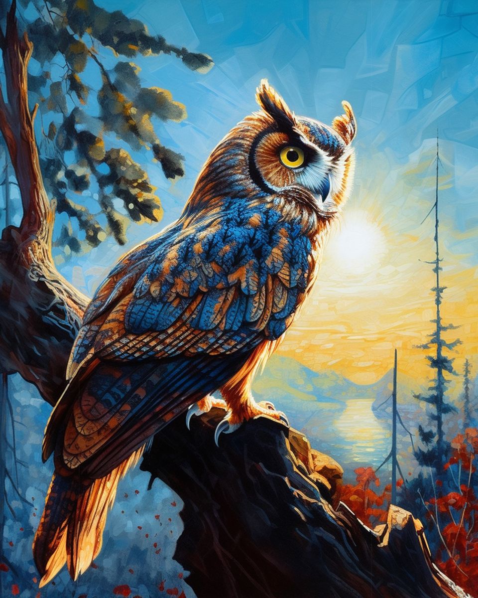 Paint By Numbers - Tranquil Great Horned Owl: A Majestic Digital Painting - Framed- 40x50cm - Arterium