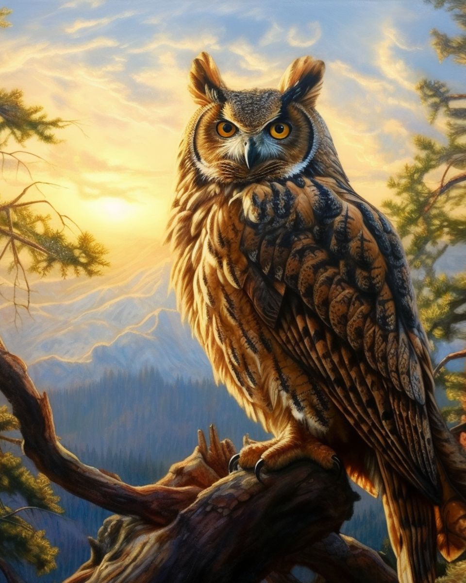 Paint By Numbers - Horned Owl In Serene Mountain Sunset - Framed- 40x50cm - Arterium
