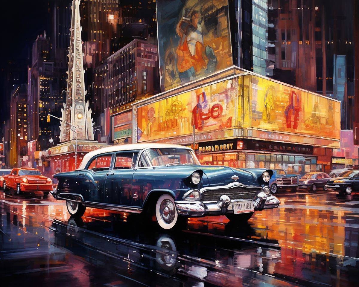 Paint By Numbers - Vintage Car On A Rainy night: Nostalgic Urban Scene With Theater Illumination - Framed- 40x50cm - Arterium