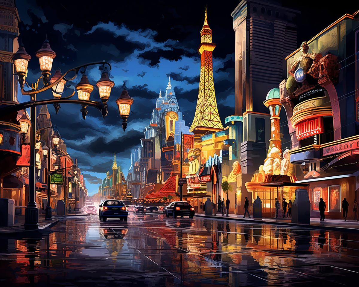 Paint By Numbers - Parisian Night: Illuminated Landmark Reflected On Wet Street - Framed- 40x50cm - Arterium