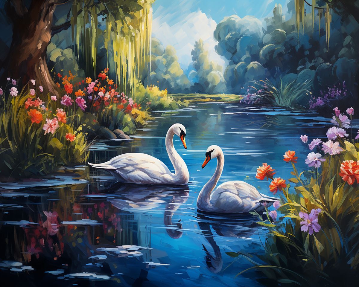 Paint By Numbers - Romantic Swan Encounter Amidst Scenic Natural Beauty - Framed- 40x50cm - Arterium