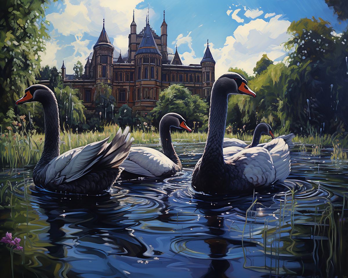 Paint By Numbers - Tranquil Swan Pond With Castle: A Serene And Picturesque Dream - Framed- 40x50cm - Arterium
