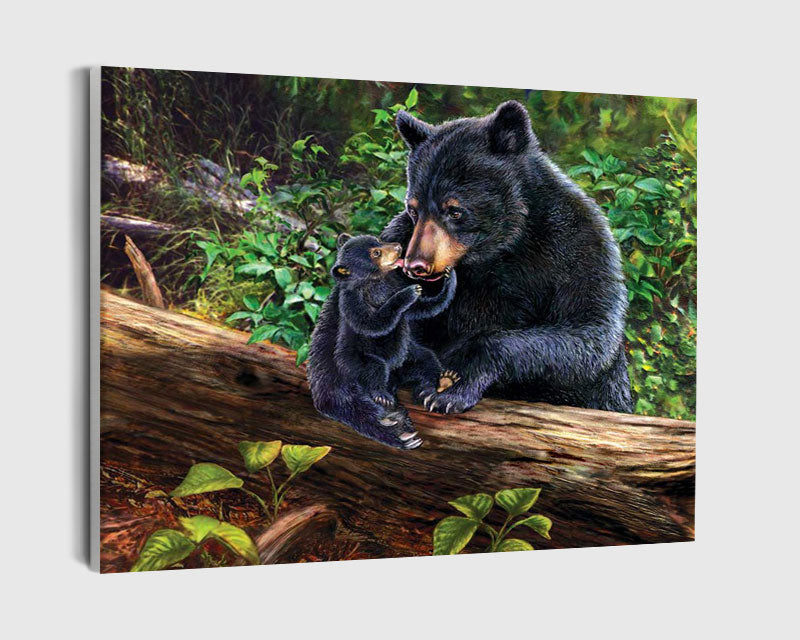 Paint By Numbers - Black Bear And Cub On A Log - Framed- 40x50cm - Arterium