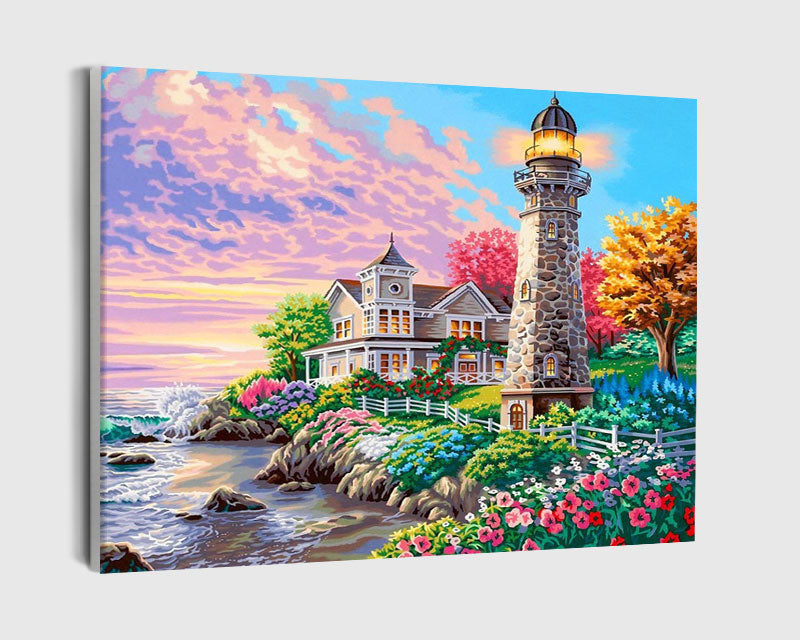 Paint By Numbers - House With A Lighthouse And Flowers - Framed- 40x50cm - Arterium