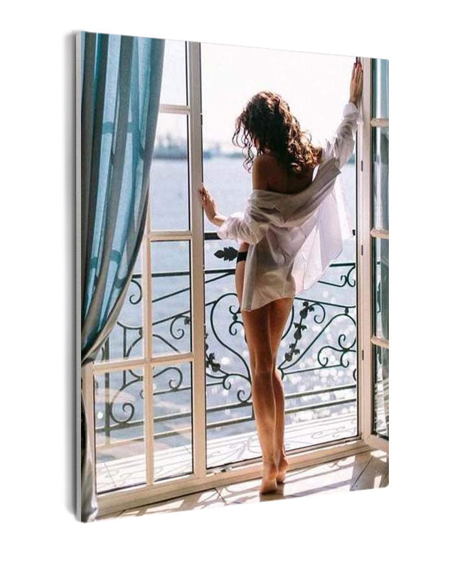 Paint By Numbers - Woman On Balcony: White Shirt, Brown Hair, And Mysterious 'M' - Framed- 40x50cm - Arterium