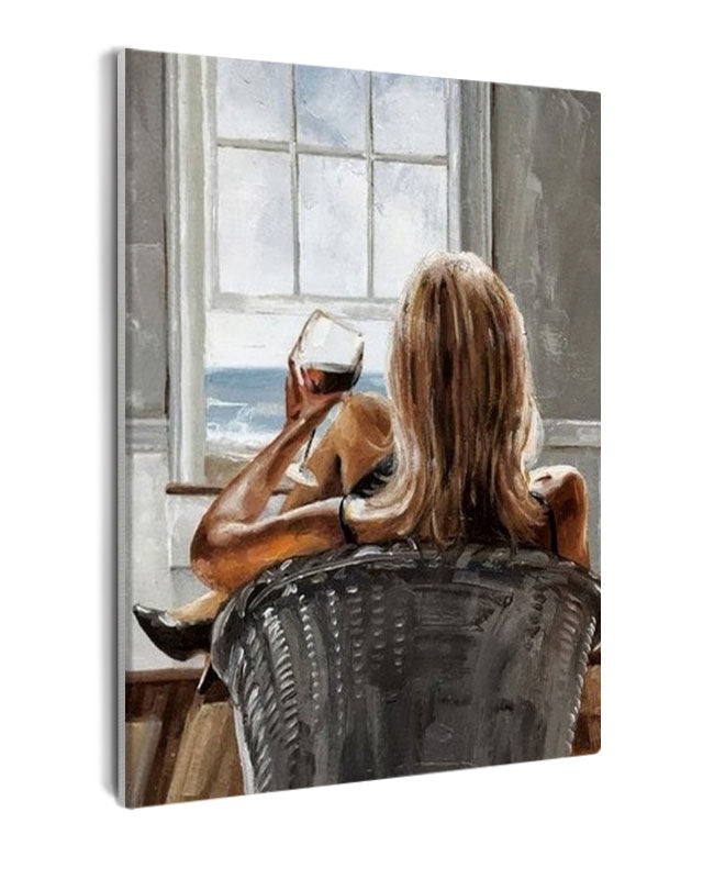 Paint By Numbers - Tranquil Kitchen Scene: Woman, Wine, And Sea View - Framed- 40x50cm - Arterium