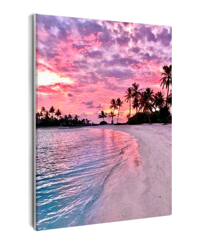 Paint By Numbers - Vibrant Sunset With Purple & Pink Sky, White Sand & Palm Trees - Framed- 40x50cm - Arterium