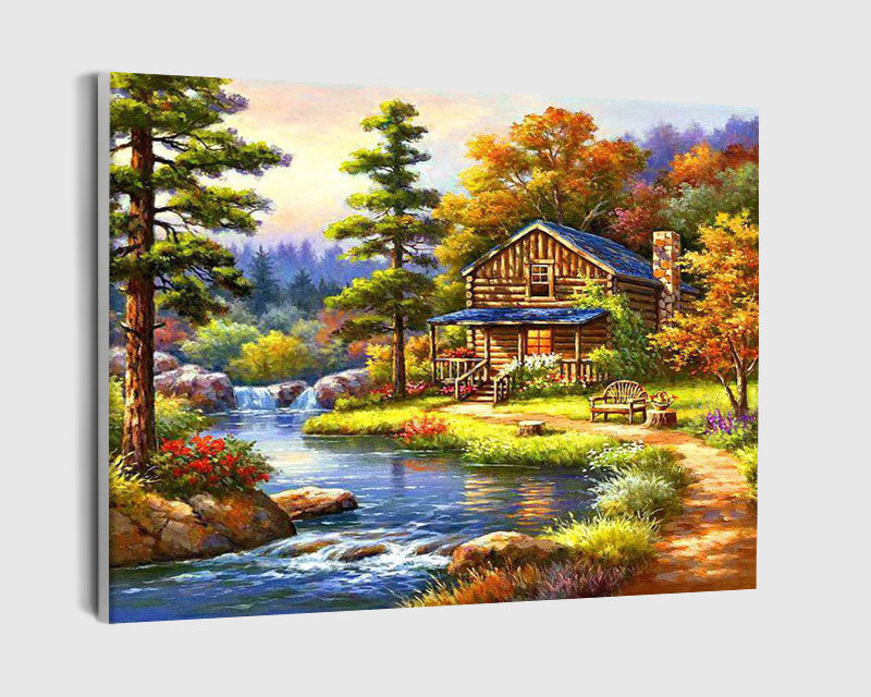 Paint By Numbers - Painting Of A House By A River - Framed- 40x50cm - Arterium