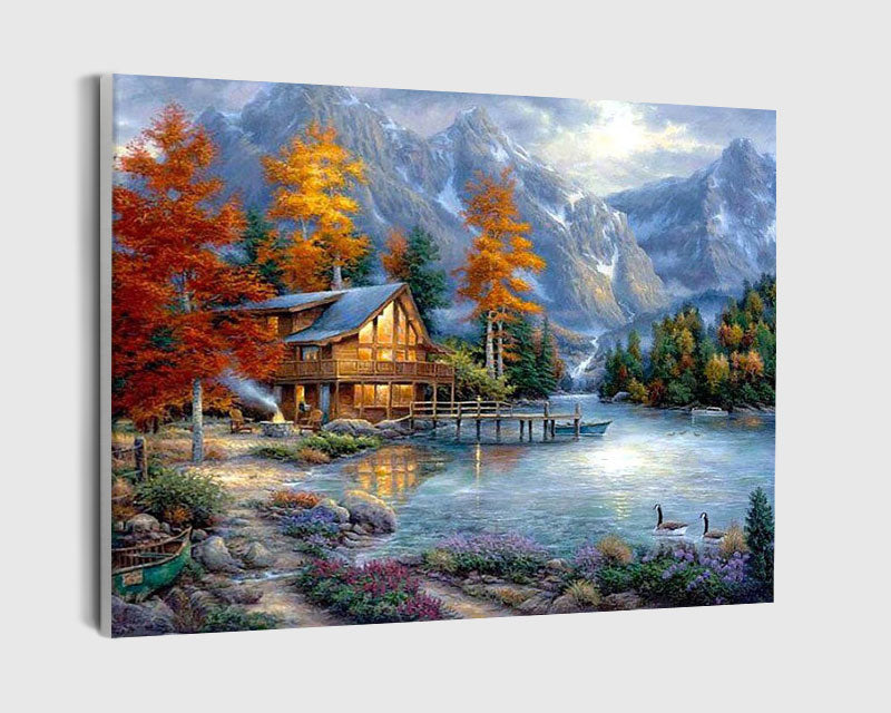 Paint By Numbers - Painting Of A House On A Lake - Framed- 40x50cm - Arterium