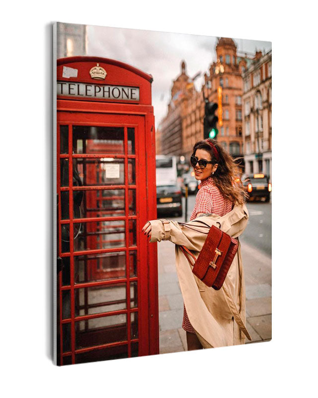Paint By Numbers - Chic London Street Style: Woman Leaning On Red Telephone Booth In Relaxed City Scene - Framed- 40x50cm - Arterium